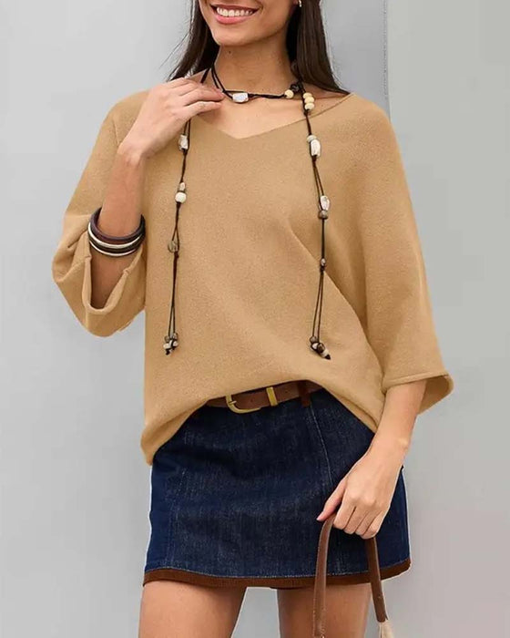 V-Neck Batwing Sleeve Solid T-Shirt