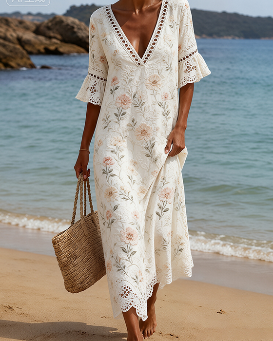 Flutter Sleeve Hollow Out V-Neck Floral A-Line Dress