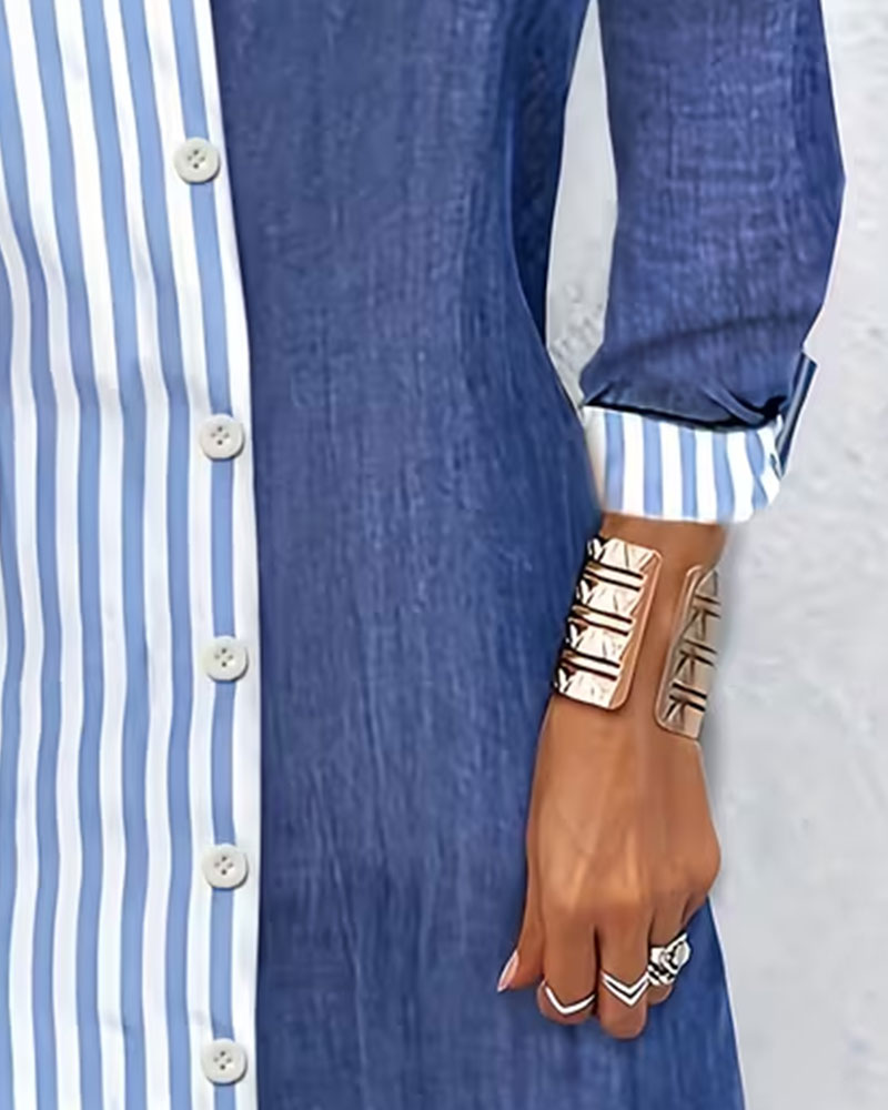 Collared Striped Color-Blocked Shirt Dress