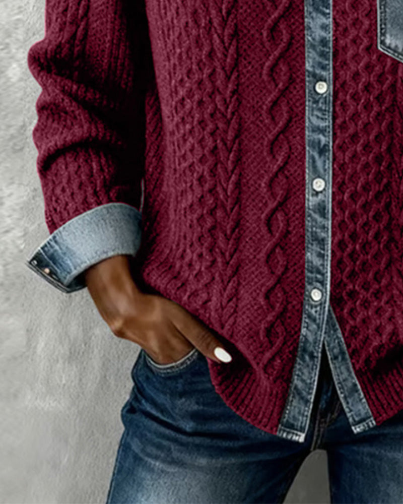 Long-Sleeved Denim Patchwork Shirt