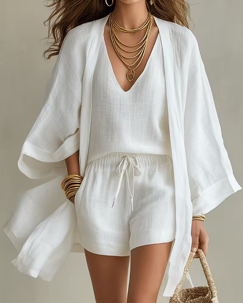 V-Neck Tank Top Cardigan Short Three-Piece Set
