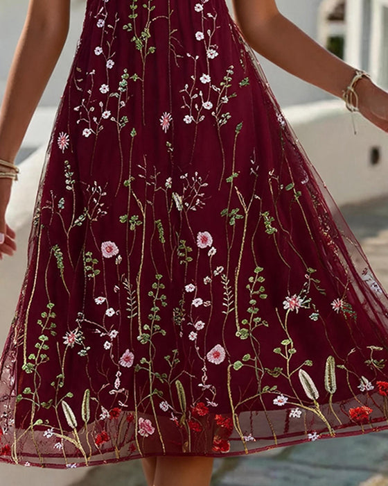 Sheer Floral Full Skirt Dress