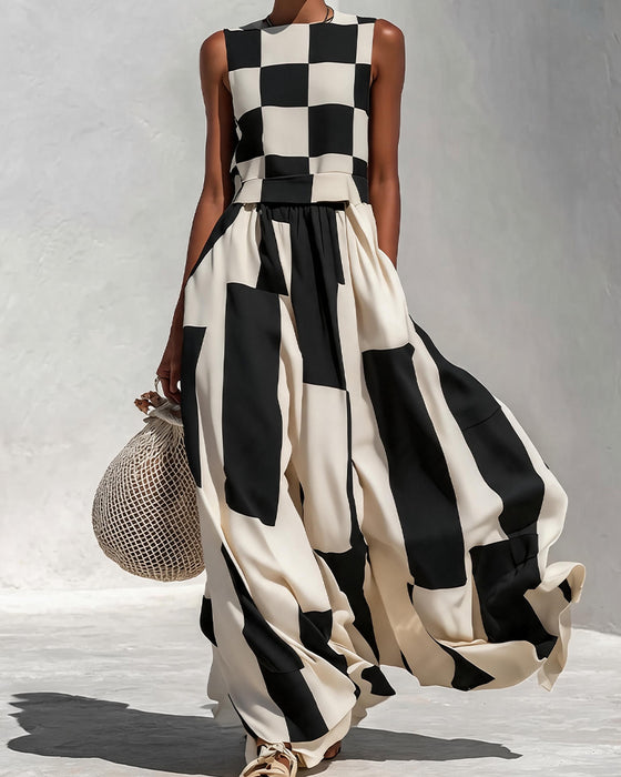 Round-Neck Plaid Sleeveless Dress
