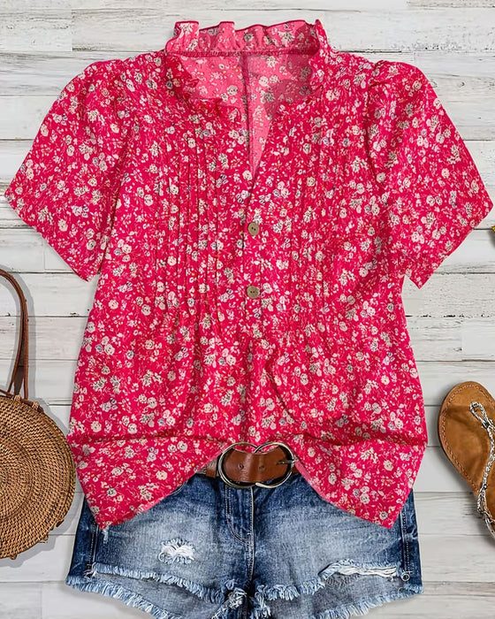 V-neck Button Floral Print Blouse