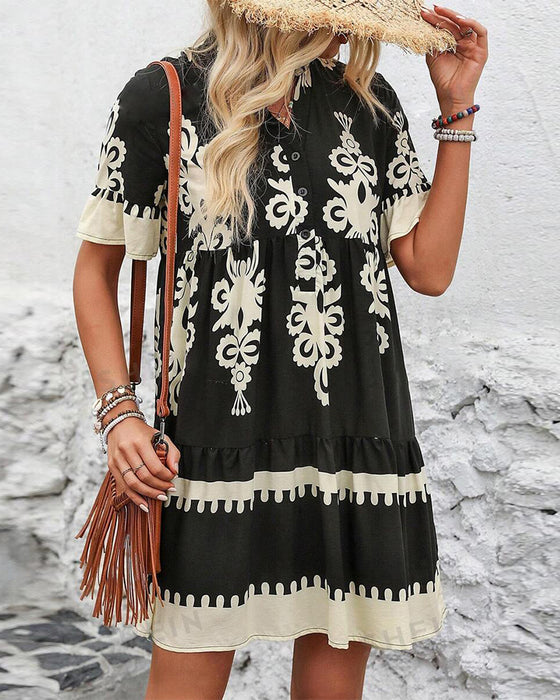 Printed short sleeve button up elegant dress