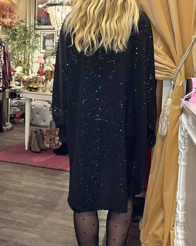 Loose-Fitting Ruffle Trim Sequined Dress