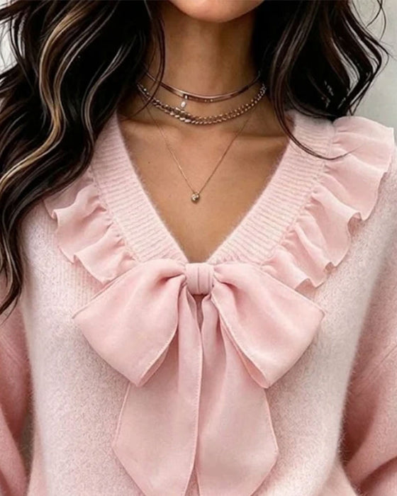 V-Neck Solid-Color Long-Sleeve Pullover With A Bow Detail