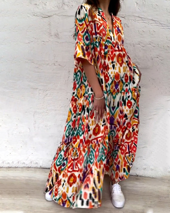 Color Print A-Line Dress with V-neck