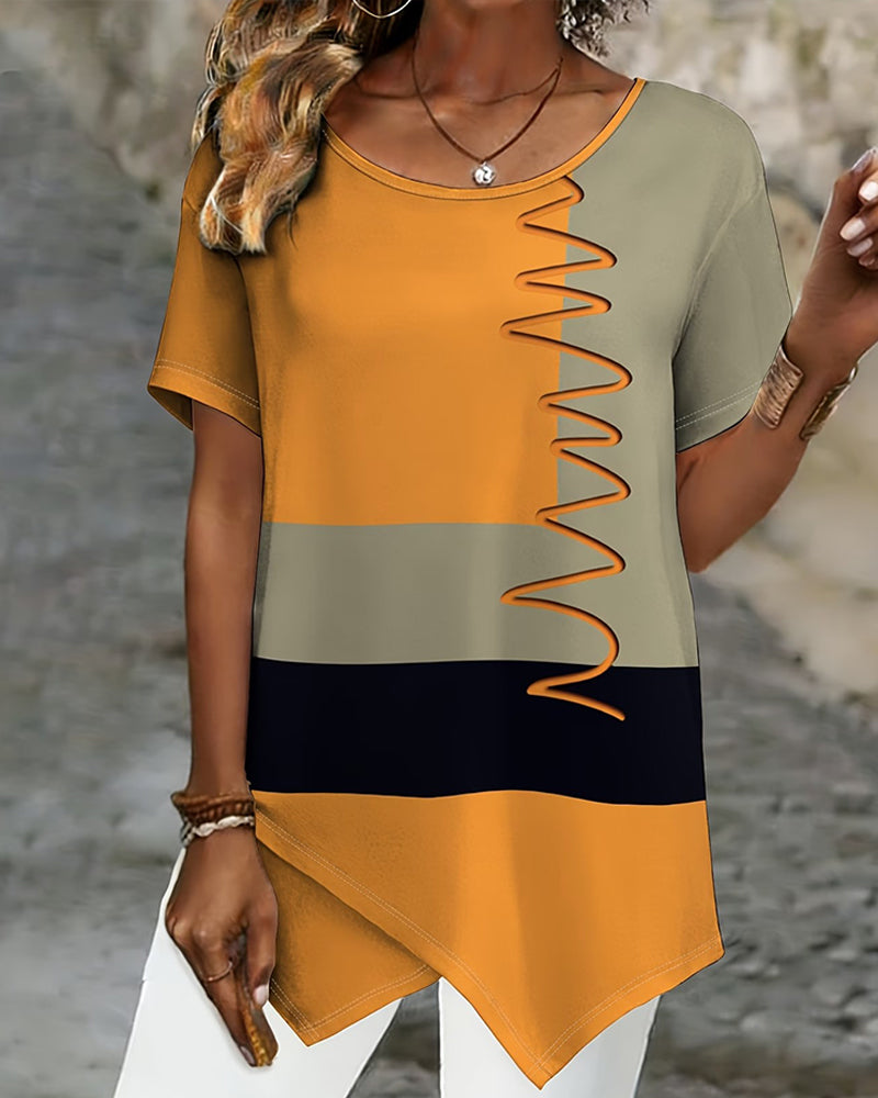Color-Block Irregular Short Sleeve T-Shirt