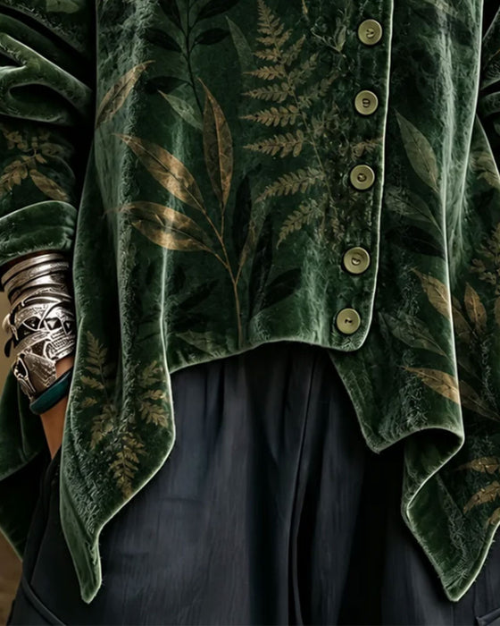 Turtleneck Button Leaf Print Top