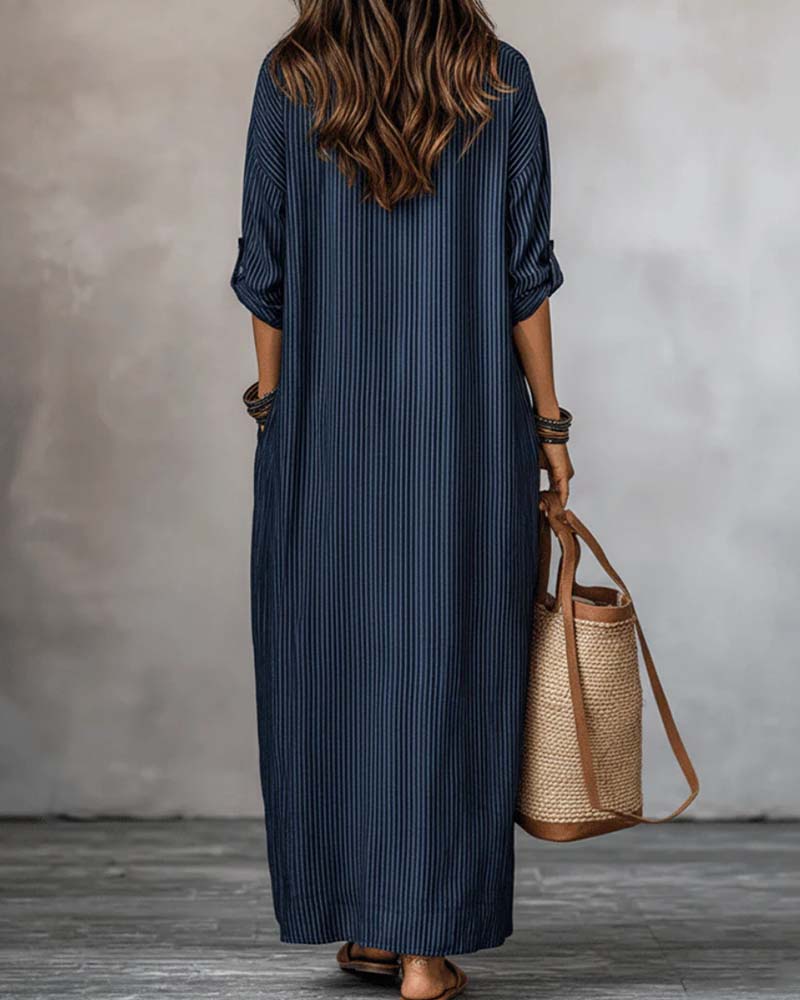 V-Neck Striped Mock Neck Dress
