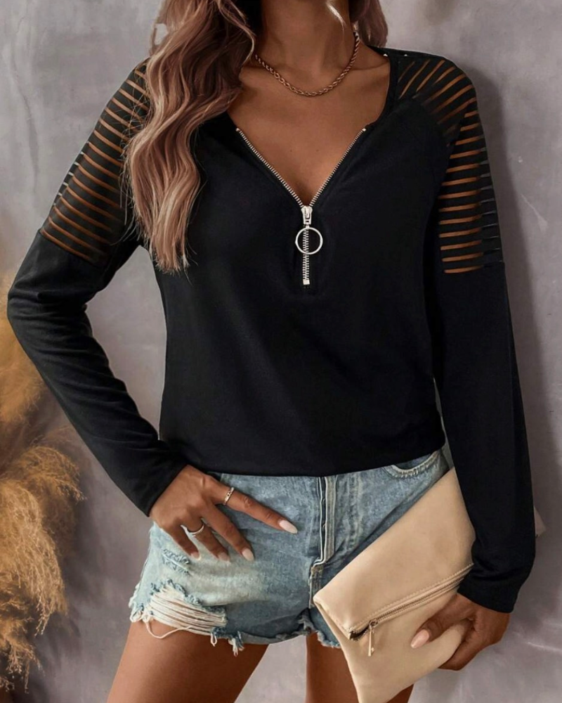 Zipper Long-Sleeve Solid Color Top