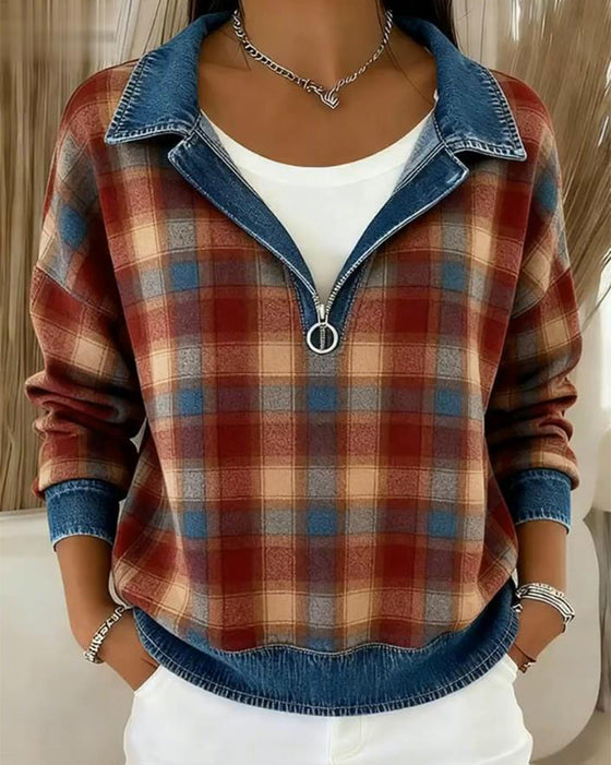Women'S Casual Lapel Denim Patchwork Plaid Print Pullover Sweatshirt