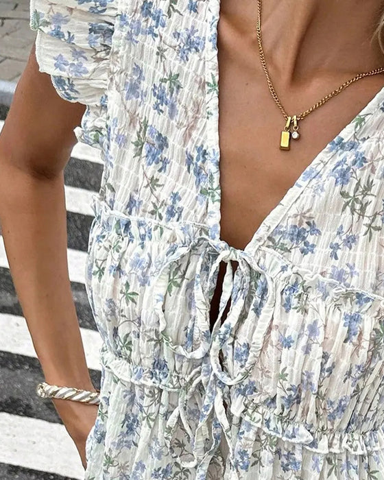 Floral Flutter Sleeve V-Neck Tie Blouse
