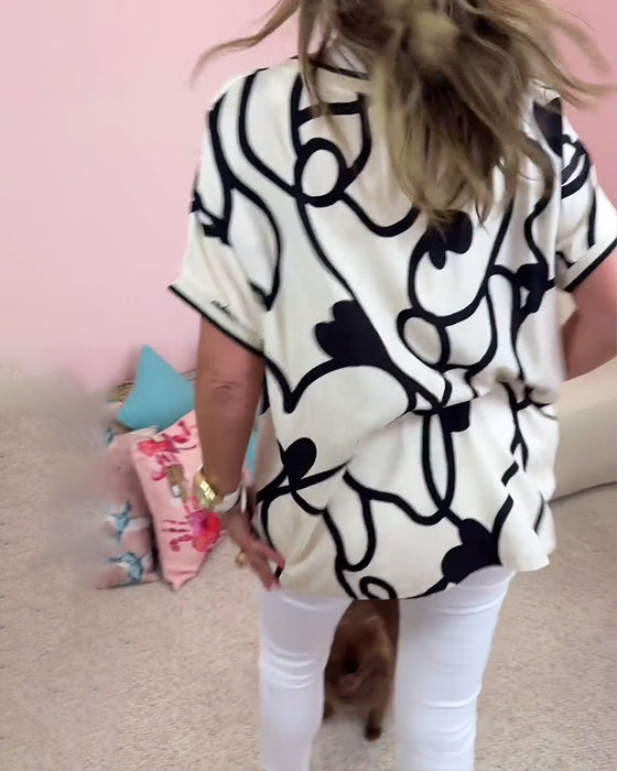 Contrast print V-neck short-sleeve casual top