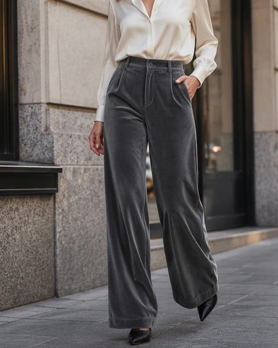Solid Color Velvet Pocket Long Pants