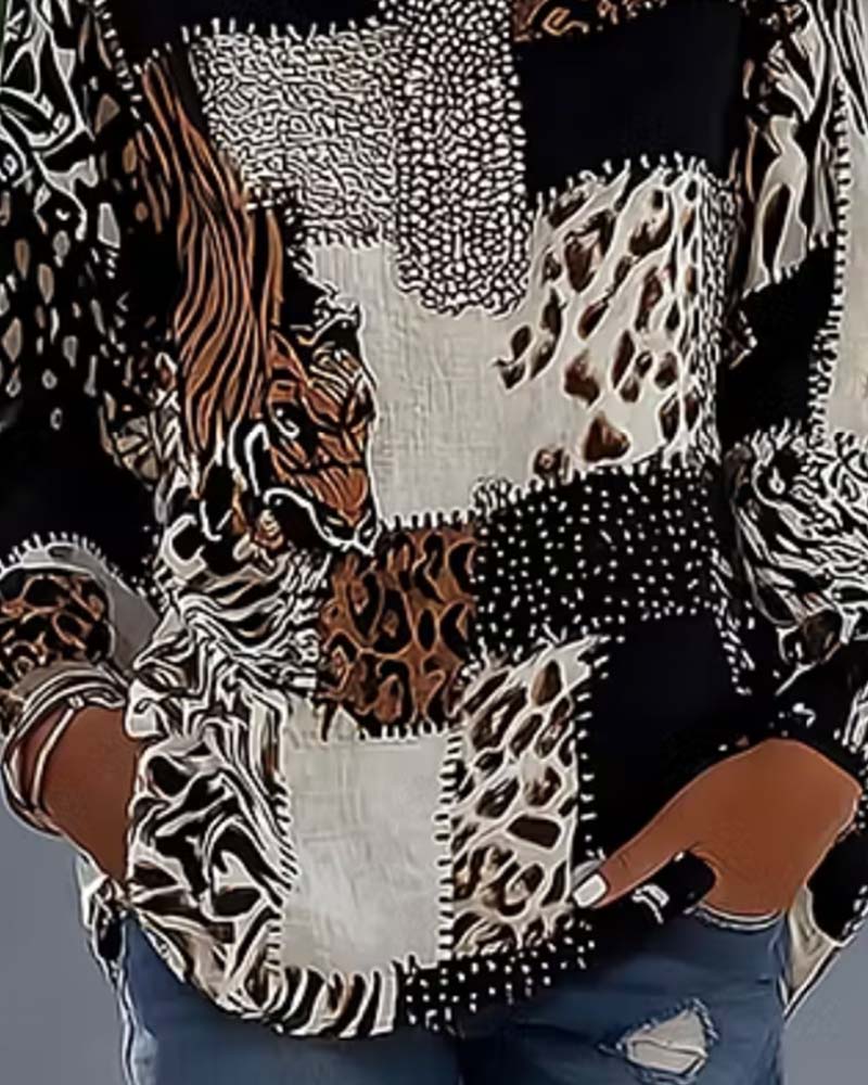 Mandarin Collar Leopard Patchwork Blouse