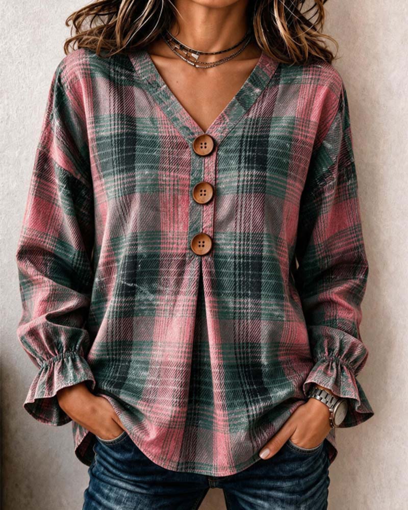 Plaid V-Neck Wooden Button Ruffle Sleeve Blouse