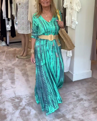 Printed V-neck button-down maxi dress