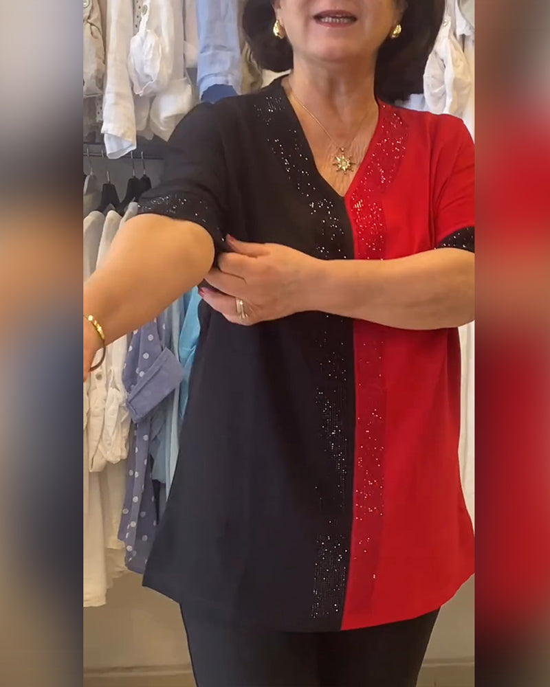 V-Neck Color Block Loose T-Shirt