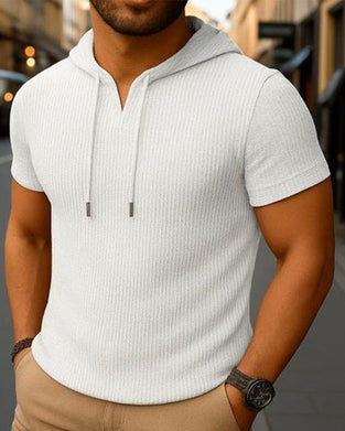 V-Neck Slit Vertical Stripe Short Sleeve Hoodie T-Shirt