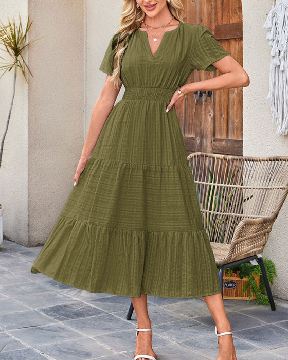 V-Neck Shirred Puff Sleeve Short Sleeve Dress