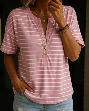 Horizontal Striped Henley Neck Short Sleeve T-Shirt