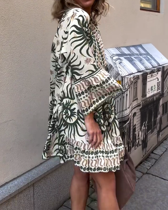 Bell Sleeve Loose Printed Holiday Dress