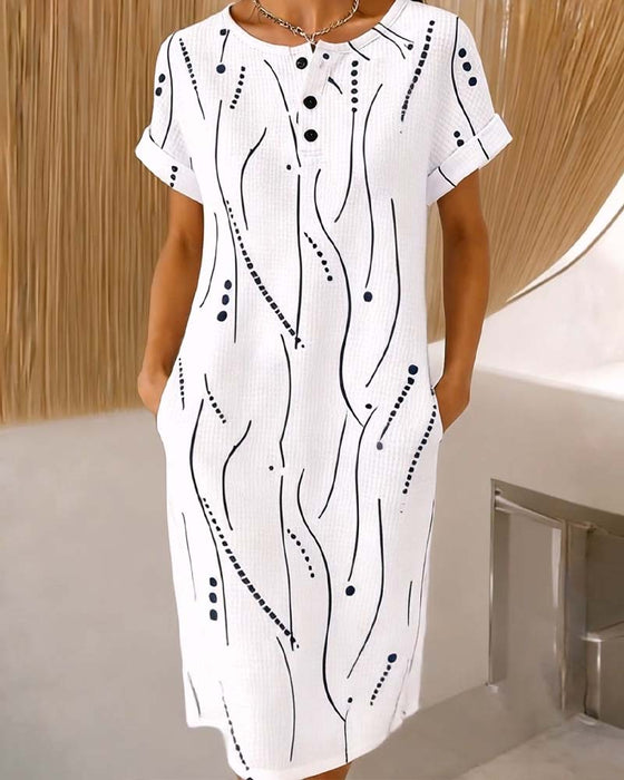 Crew Neck Button Line Waffle Dress