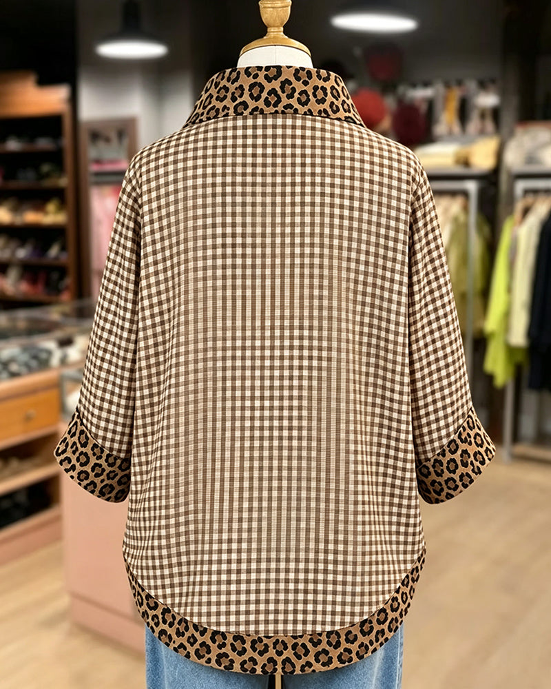 Lapel Leopard Patchwork Plaid Blouse