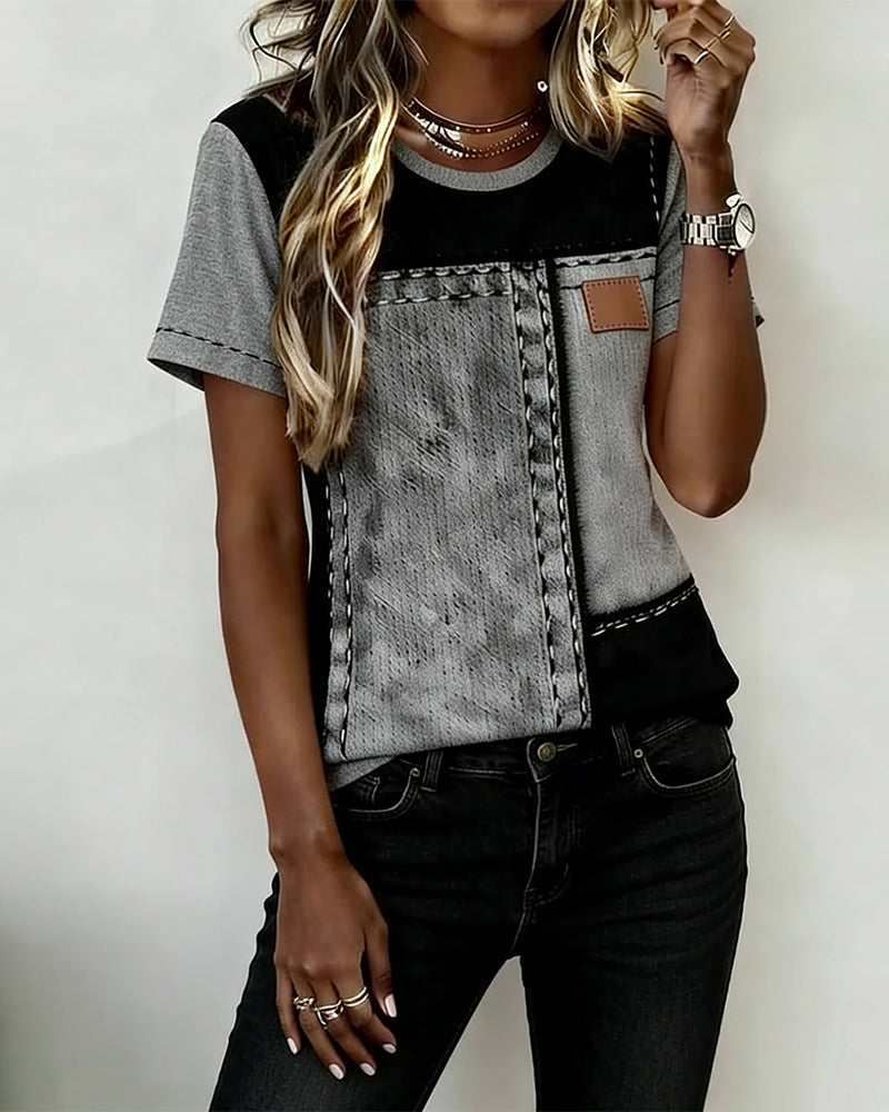 Color-Block Panel Round Neck Short Sleeve T-Shirt
