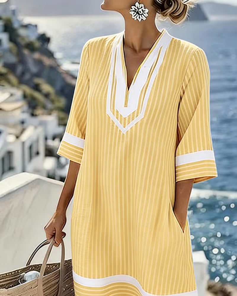 V-Neck Short Sleeve Striped Dress