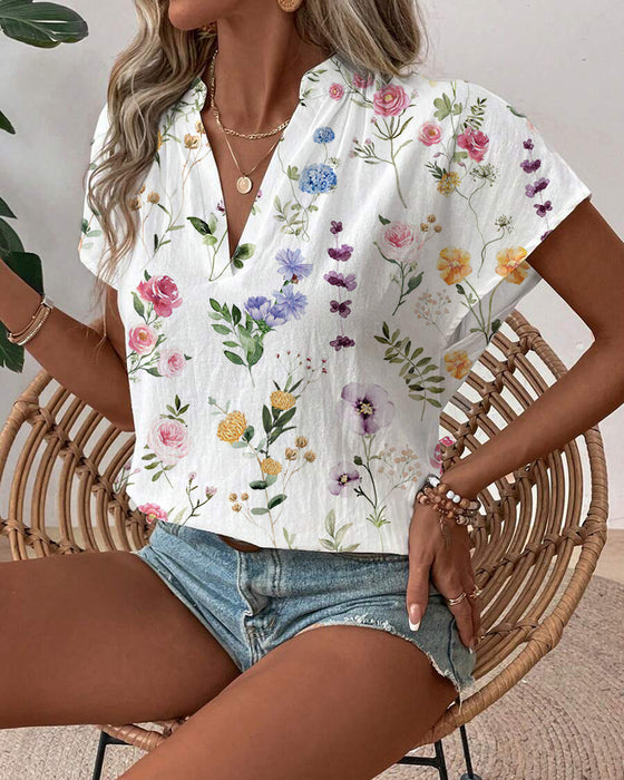 Floral Print Short-Sleeved Blouse