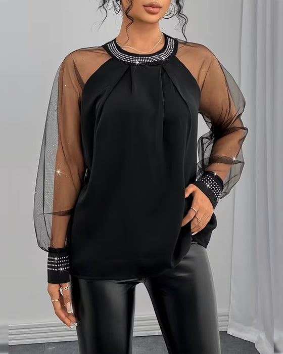 Hot Rhinestone Mesh Long-Sleeved Fashionable Blouse