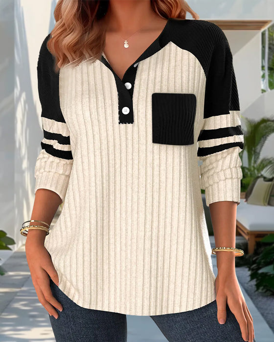 Casual color block button long sleeve sweatshirt