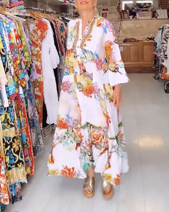 Boho printed button patchwork dress