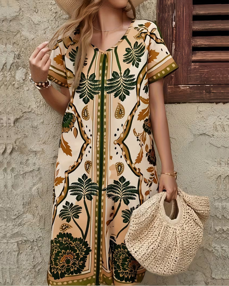 Tropical Floral Print Loose Fit A-Line Dress