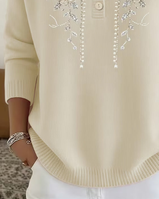 Crew Neck Button Down Floral Long Sleeve Sweatshirt