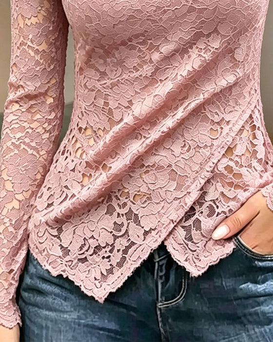 V-Neck Lace Irregular Long-Sleeved Top