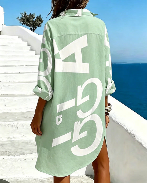 Letter Print Button Long Sleeve Dress