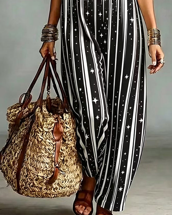 V-Neck Stripe Contrast Loose Jumpsuit