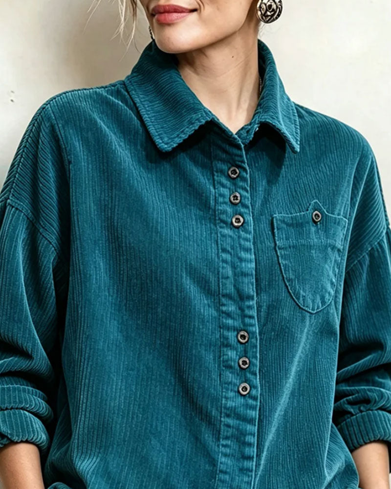 Lapel Button Striped Pocket Shirt