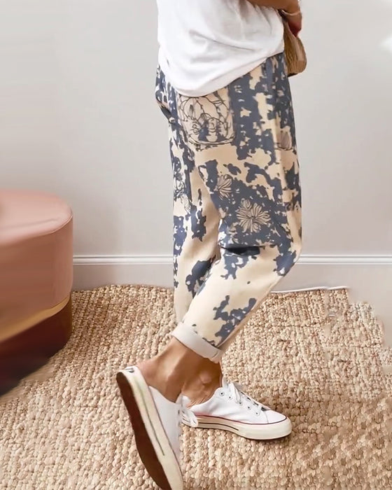 Retro Distressed Print Drawstring Casual Pants