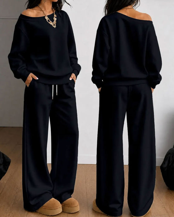 One Shoulder Casual Sweatshirt Long Pants Set