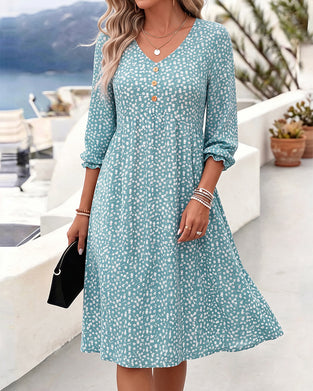 V-Neck Floral Puff Sleeve A-Line Dress