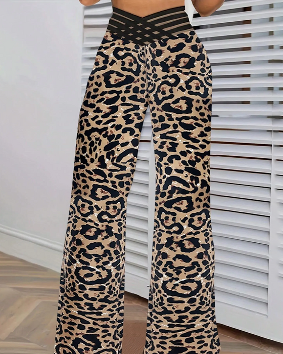 Cross-Waist Leopard Print Flared Pants