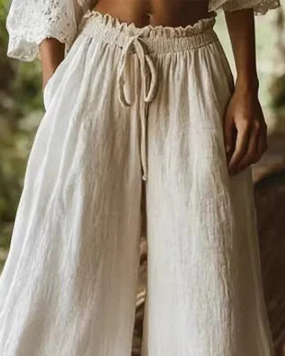 Elastic Waist Drawstring Lace Patchwork Wide Leg Pants