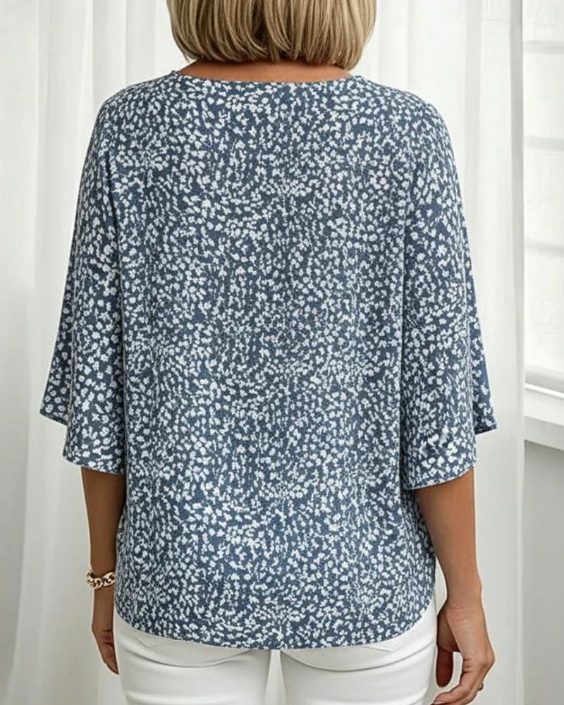 V-Neck Split Bell Sleeve Floral Elbow-Length Blouse