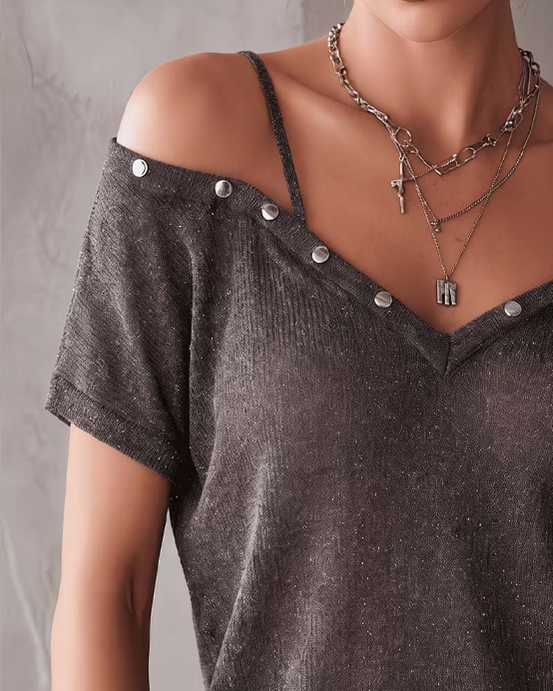 Studded Cold Shoulder Strap V-Neck T-Shirt
