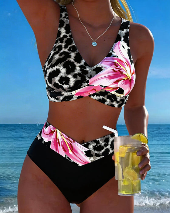 Leopard Print Floral Contrast Color Bikini